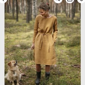 Linen Sea Mustard Linen Midi Dress Size L